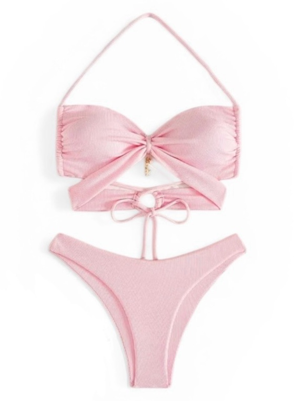 Pink Ribbed Tie-Front Bikini Set
